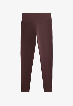 Burgundske legice iz raztegljive tkanine z visokim pasom, ki imajo gladko teksturo in obliko, ki se prilega telesu, brez vzorcev ali okraskov.