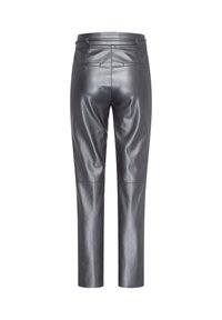 Black high-waist faux leather pants with back welt pockets and straight legs, shown from the rear.