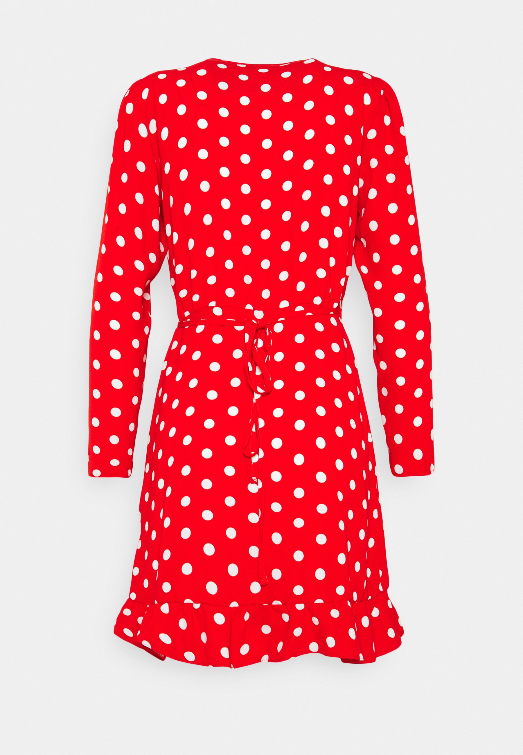 red frill wrap dress