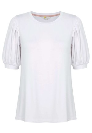 White women's short-sleeve top with round neckline and puffed sleeves gathered at cuffs.