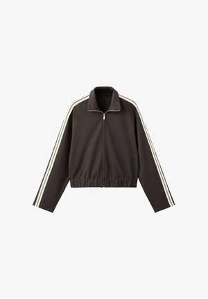 Brown zip-up jacket made of smooth fabric, featuring white side stripes, a high collar, and a fitted waistband. Long sleeves included.