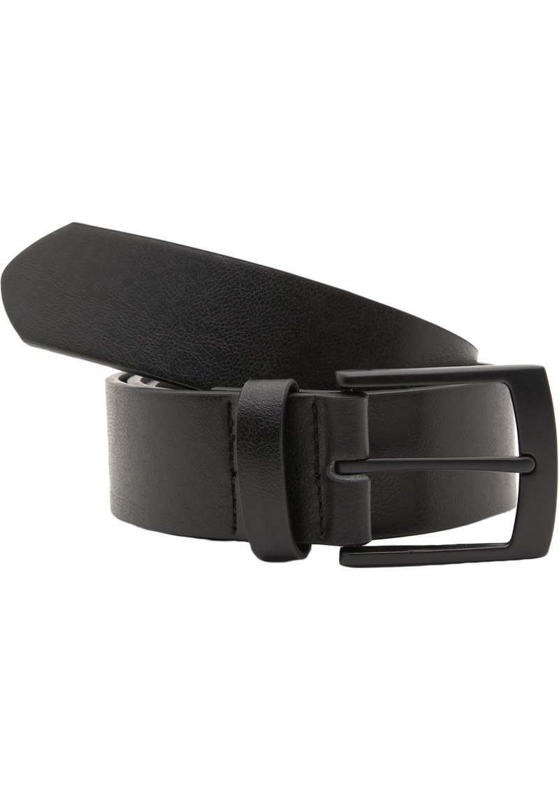 Cintura in pelle nera con una texture liscia, dotata di una fibbia rettangolare in metallo nero e un design elegante con estremità affusolata.