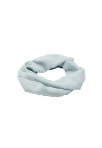 Jasnoniebieski szalik w kształcie nieskończoności wykonany z miękkiego materiału, o gładkiej fakturze i ciągłym okrągłym wzorze, bez widocznych elementów metalowych ani akcentów.