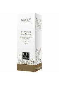 Il packaging della scatola bianca per il Siero De-Puffing per gli Occhi Geske presenta dettagli dorati, testo nero e un motivo a puntini nella parte inferiore. Contiene 30 ml.