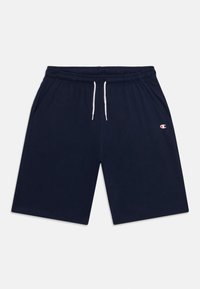 Pantaloni scurți de culoare bleumarin închis, dintr-un material moale. Au o talie elastică cu un șnur alb și buzunare laterale. Logo mic pe piciorul drept.