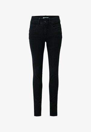 Črne skinny jeans z visokim pasom, sprednjimi žepi, zapiranjem na gumb in zadrgo ter diskretno okrasnimi nitkami blizu žepov.