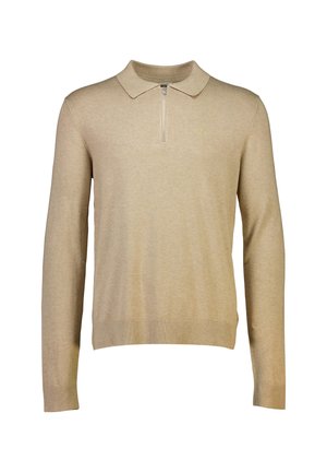 Pull-over à manches longues beige en tissu tricoté, doté d'un col zippé et d'un ourlet côtelé. Couleur unie et simple, sans motifs.