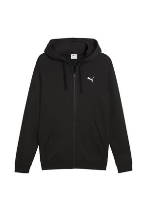 Schwarzer Kapuzenpullover mit Reißverschluss, Fronttaschen, verstellbarem Kordelzug und kleinem weißen Puma-Logo auf der linken Brust.