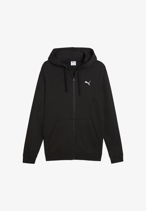 Zwarte capuchontrui met rits, steekzakken aan de voorkant, verstelbaar trekkoord in de capuchon en een klein wit Puma-logo op de linkerborst.