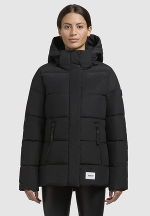 Black puffer jacket with a hood, featuring a zip and snap closure, horizontal stitching, two side pockets, and a logo patch on the front.