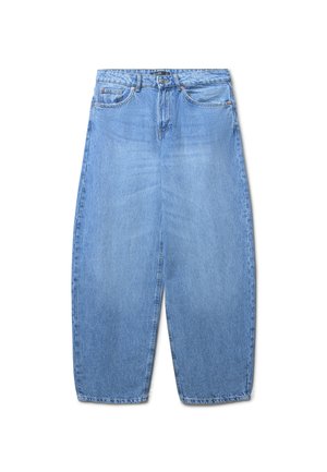 Jeans in denim azzurro chiaro con vestibilità rilassata, forma a gamba dritta, design a cinque tasche e dettagli in metallo. Nessun motivo visibile.