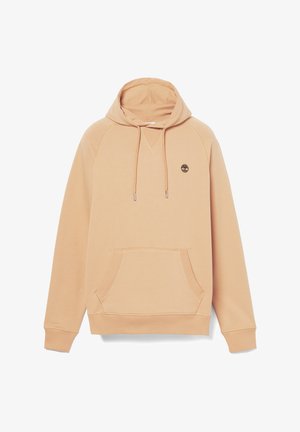 Felpa color pesca con tasca a marsupio, cappuccio con cordini, polsini a coste e un piccolo logo ad albero sul petto. Materiale morbido in misto cotone.