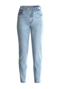 Lichtblauwe denim jeans met een hoge taille, een slim fit design, vijf zakken en een subtiele vervaging. Klassieke rits- en knoopsluiting.