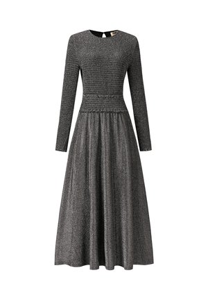 Schwarzes Langarmkleid mit gerafftem Oberteil, ausgestelltem Rock und strukturiertem, funkelndem Finish. Detail mit Schlüsselloch am Rücken sorgt für einen besonderen Akzent.