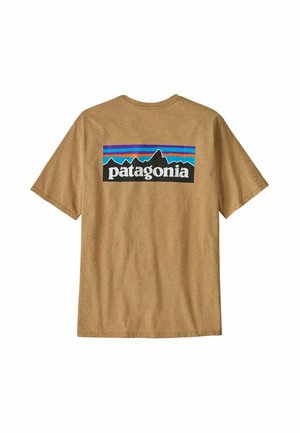 T-shirt in cotone marrone a maniche corte con una grafica di montagna multicolore e il logo "patagonia" sul retro in lettering bianco.