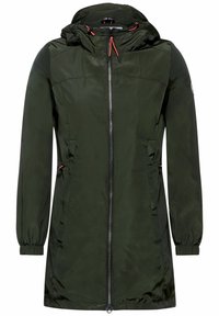 Groene waterdichte jas met kap, ritssluiting aan de voorkant, elastische manchetten en zijzakken. Voorzien van rood trekkoordaccent en een gladde textuur.