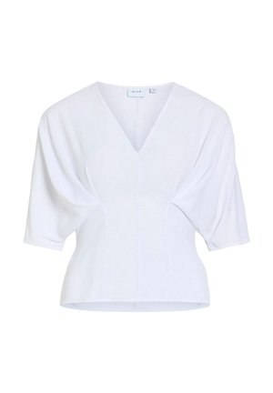 Camicia bianca con scollo a V, maniche corte larghe e vita aderente, mostrata su uno sfondo bianco semplice.