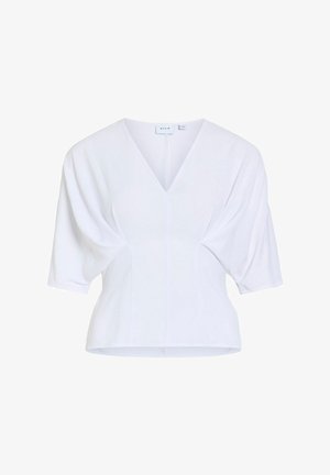 Weiße Bluse mit V-Ausschnitt, weiten kurzen Ärmeln und tailliertem Schnitt, dargestellt auf einem schlichten weißen Hintergrund.