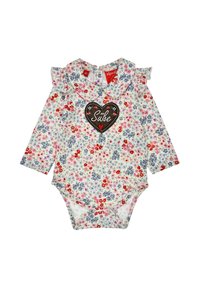 Langärmliger Stoffanzug mit floralem Muster in Weiß, dekoriert mit rosa, roten und lila Blumen. Verfügt über einen Rüschensaumkragen und ein herzförmiges "Süße"-Akzent.