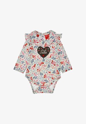 Langärmliger Stoffanzug mit floralem Muster in Weiß, dekoriert mit rosa, roten und lila Blumen. Verfügt über einen Rüschensaumkragen und ein herzförmiges "Süße"-Akzent.