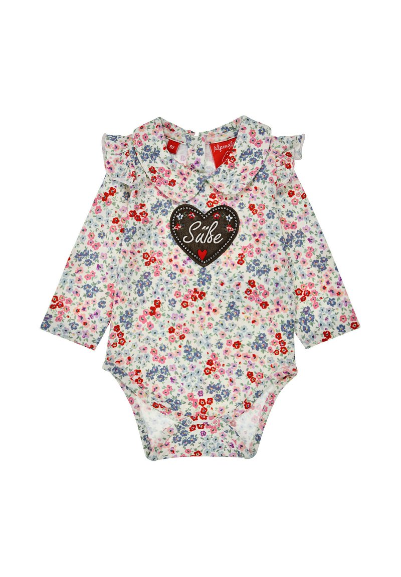 Langärmliger Stoffanzug mit floralem Muster in Weiß, dekoriert mit rosa, roten und lila Blumen. Verfügt über einen Rüschensaumkragen und ein herzförmiges "Süße"-Akzent.