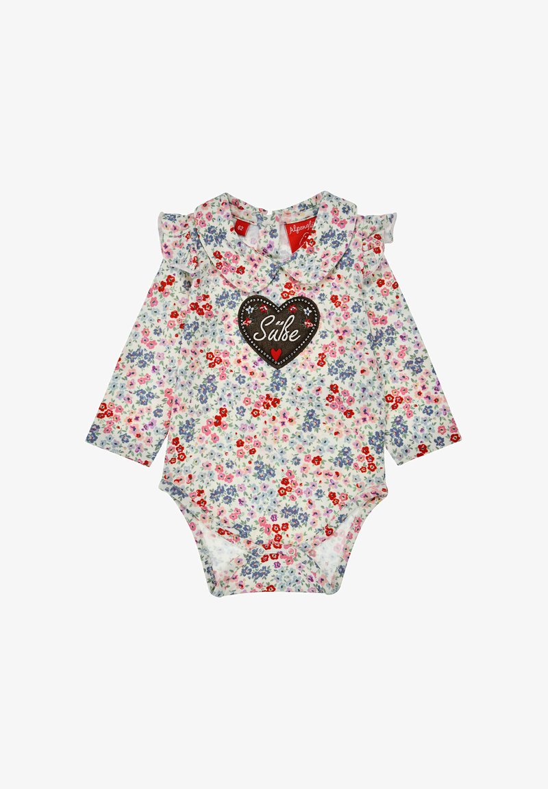 Langärmliger Stoffanzug mit floralem Muster in Weiß, dekoriert mit rosa, roten und lila Blumen. Verfügt über einen Rüschensaumkragen und ein herzförmiges "Süße"-Akzent.