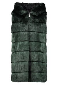 Dunkelgrüwester aus Kunstfell mit Kapuze, die ein strukturiertes, geschichtetes Design und ein glattes Futter aufweist, das mit einem Reißverschluss vorne gesichert ist.