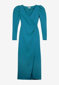 Robe longue teal à manches longues avec un design enroulé, présentant des épaules bouffantes froncées et une fente sur le côté pour faciliter le mouvement. Texture de tissu douce.
