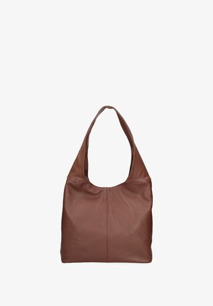 Borsa a tracolla in pelle marrone con una superficie morbida e testurizzata, ampia tracolla a forma di U e design minimalista. Nessun hardware o accento visibile.