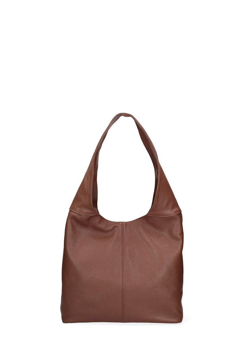 Sac fourre-tout en cuir marron avec une surface douce et texturée, une large sangle en forme de U, et un design minimaliste. Pas de matériel ou d'accents visibles.