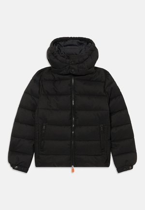 Black padded jacket with a high collar and hood. Features front zipper and two side pockets with zippers. Smooth, matte texture.