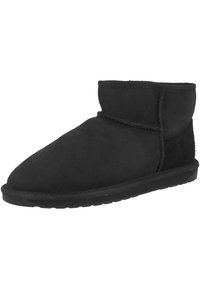 Stivale alla caviglia nero in morbida pelle scamosciata, con punta arrotondata, cuciture doppie e suola piatta in gomma per comfort e durata.
