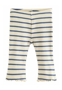 Gerippte Baumwollleggings mit horizontalen Streifen in Marineblau und Creme, ausgestellten Enden und einem gerafften Saum.