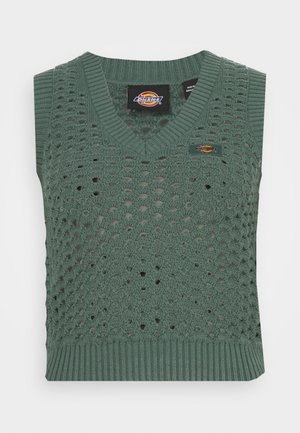 Chaleco verde de punto con escote en V, con un diseño de ganchillo abierto y dobladillo acanalado. Incluye una etiqueta con un logotipo en la parte delantera.