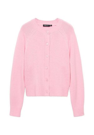 Cardigan rose avec un col rond, des manches longues et des poignets côtelés. Comprend un devant à boutons et une texture tricotée lisse.