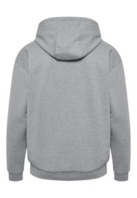 Grå hoodie med mjuk textur, med dragsko på huvan, ribbade ärmslut och nederkant. Baksidan visar en enkel, minimal design.