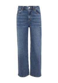 Helle blaue Denim-Weitbeinjeans mit hoher Taille, Fünf-Taschen-Design und Knopfverschluss. Merkmale leichte Ausbleichungen und kontrastierende Nähte.