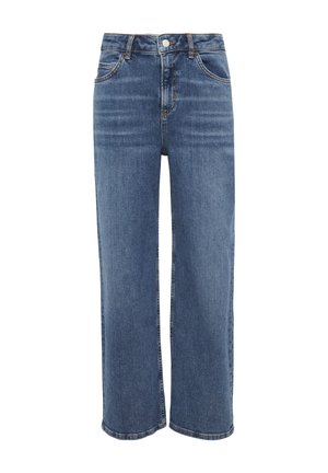 Light blue denim wide-leg jeans with a high waist, five-pocket design, and a button closure. Features slight fading and contrasting stitching.