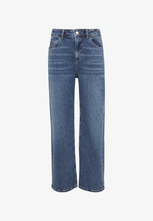 Helle blaue Denim-Weitbeinjeans mit hoher Taille, Fünf-Taschen-Design und Knopfverschluss. Merkmale leichte Ausbleichungen und kontrastierende Nähte.