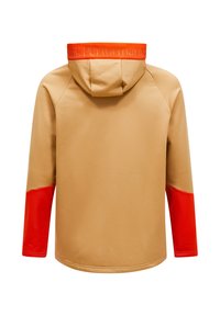 Hoodie beige con un accento rosso sulla manica sinistra e un dettaglio arancione sul cappuccio. Tessuto liscio con una vestibilità ampia e un logo sul colletto.