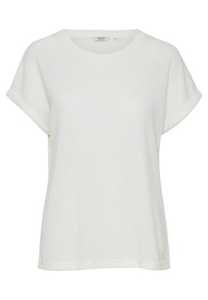 White short-sleeve t-shirt made of textured fabric, featuring a round neckline and rolled cuffs. Small logo accent near the hem.