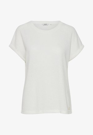 Valge lühikeste varrukatega t-särk, mis on valmistatud tekstuursetest kangast. Särgil on ümmargune kaelus ja särgikätte keeratud servad. Väike logo aktsent hemmi lähedal.