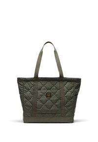 Gequilted tote bag in olijfgroen, met twee stevige stoffen handvatten, een voorklep en een textuur met zeshoekig patroon.