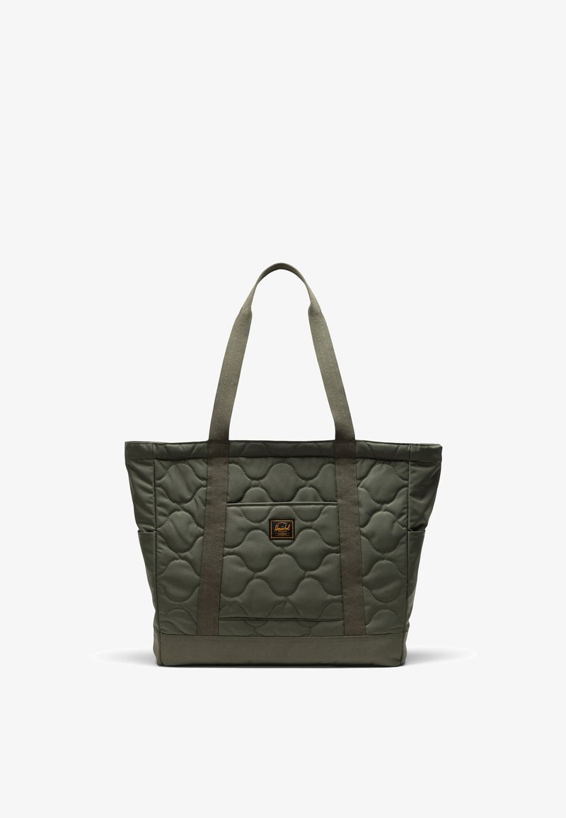 Gequilted tote bag in olijfgroen, met twee stevige stoffen handvatten, een voorklep en een textuur met zeshoekig patroon.