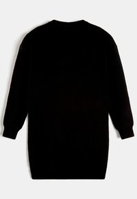 Czarna sukienka swetrowa z długim rękawem o luźnym kroju. Wykonana z miękkiego, teksturowanego materiału, z okrągłym dekoltem i ściągaczami przy rękawach.