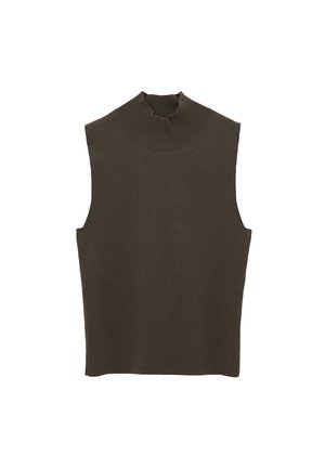 Mouwloze olijfgroene top met een hoge hals. Gemaakt van geribde gebreide stof, met een getailleerde silhoutte en een soepele textuur.