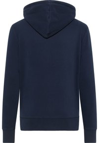 Dunkelblauer Hoodie aus weichem Stoff. Verfügt über eine Kängurutasche, gerippte Bündchen und Saum. Standardpassform mit verstellbarer Kapuze.