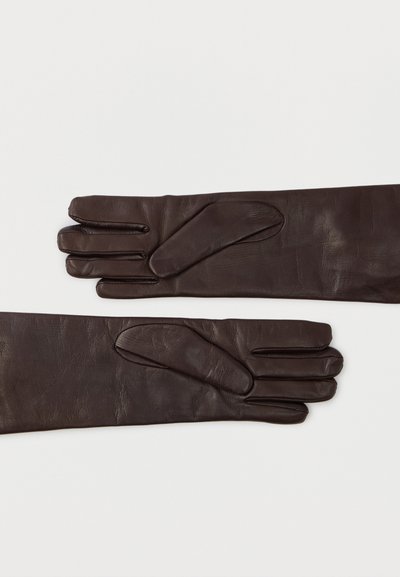 Pair of long, dark brown leather gloves laid flat facing opposite directions on a white background.