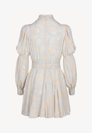Lichtblauwe en crèmekleurige bloemenjurk met lange mouwen, pofmouwen, getailleerde taille, knoopmanchetten en ritssluiting aan de achterkant.