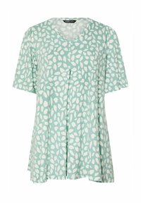 Mintgrön V-ringad topp av mjukt tyg, med ett vitt bladmönster och korta ärmar, avslappnad passform och veckdetalj.